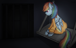 Size: 1024x642 | Tagged: safe, artist:starsketchmeh, imported from derpibooru, rainbow dash, pegasus, pony, b-f16, bound wings, cell, chains, clothes, cuffs, jail, prison, prison outfit, prisoner rd, shackles