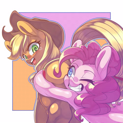 Size: 3500x3500 | Tagged: safe, alternate version, artist:kaikoinu, imported from derpibooru, applejack, pinkie pie, earth pony, pony, shadow play, applebutt, applejack is not amused, blushing, butt, butt touch, butthug, cowboy hat, faceful of ass, female, freckles, hat, hug, looking back, mare, one eye closed, open mouth, pinkie hugging applejack's butt, plot, scene interpretation, smiling, stetson, the ass was fat, unamused