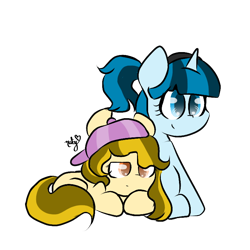 Size: 768x768 | Tagged: safe, artist:naty7913, imported from derpibooru, oc, oc only, oc:blue jay, oc:hay bale, pony, unicorn, female, mare, prone, simple background, transparent background