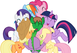 Size: 1306x899 | Tagged: safe, imported from derpibooru, applejack, fluttershy, pinkie pie, rainbow dash, rarity, spike, twilight sparkle, oc, oc:ian, alicorn, dragon, canon x oc, female, group hug, hug, male, mane six, straight, twilight sparkle (alicorn)