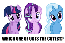 Size: 1100x730 | Tagged: safe, imported from derpibooru, starlight glimmer, trixie, twilight sparkle, pony, unicorn, bronybait, cute, diatrixes, glimmerbetes, image macro, looking at you, meme, sadistic choice, simple background, smiling, twiabetes, white background