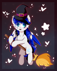 Size: 2000x2500 | Tagged: safe, artist:nyanxleb, imported from derpibooru, oc, oc only, oc:black ice, pegasus, pony, blushing, broom, chest fluff, colored wings, cute, ear fluff, halloween, hat, heart, holiday, multicolored wings, open mouth, simple background, stars, witch hat