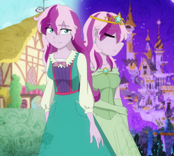 Size: 1574x1419 | Tagged: safe, artist:fantasygerard2000, imported from derpibooru, wysteria, human, canterlot, clothes, crown, dress, ear piercing, earring, eyes closed, female, g3, g3 to g4, g4, generation leap, humanized, jewelry, piercing, pony coloring, ponyville, regalia, smiling, solo