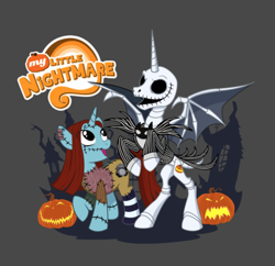 Size: 1072x1038 | Tagged: safe, artist:cherrygarcia, imported from derpibooru, alicorn, pony, unicorn, jack skellington, ponified, sally, teepublic, the nightmare before christmas