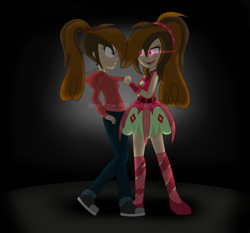 Size: 4077x3799 | Tagged: safe, artist:zoe-975, imported from derpibooru, oc, oc only, oc:collapsia slash, oc:cupcake slash, equestria girls, clothes, dress, duality, glowing eyes, hoodie, looking at each other, pulling, self paradox, smiling