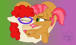 Size: 1000x600 | Tagged: safe, artist:amellia-rose, imported from derpibooru, babs seed, twist, earth pony, pony, alternate hairstyle, babstwist, eyes closed, female, glasses, lesbian, ponytail, shipping