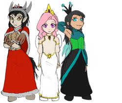 Size: 500x420 | Tagged: safe, artist:dj-black-n-white, edit, imported from derpibooru, oc, oc only, oc:dawn, oc:mistake, oc:salai, satyr, armpits, jewelry, offspring, parent:king sombra, parent:princess celestia, parent:queen chrysalis, regalia