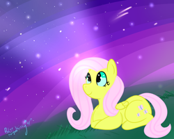 Size: 900x719 | Tagged: safe, artist:queenbluestar, imported from derpibooru, fluttershy, pegasus, pony, female, folded wings, huevember, looking up, night, prone, shooting star, smiling, solo, stargazing