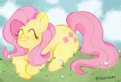 Size: 1024x696 | Tagged: safe, artist:deerbats, imported from derpibooru, fluttershy, pegasus, pony, cute, eyes closed, female, grass, happy, prone, shyabetes, smiling, solo, wingless