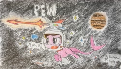 Size: 3649x2103 | Tagged: safe, artist:professionalpuppy, imported from derpibooru, oc, oc only, oc:ashee, original species, shark pony, cute, laser, solo, space, spacesuit, traditional art