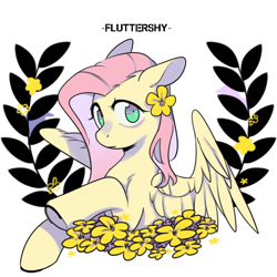 Size: 1024x1024 | Tagged: safe, artist:snowillusory, imported from derpibooru, fluttershy, pegasus, pony, bust, female, flower, flower in hair, looking at you, looking sideways, name, portrait, raised hoof, solo, spread wings, wings