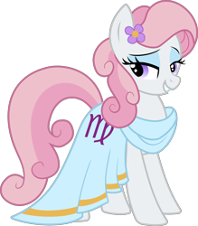 Size: 2342x2670 | Tagged: safe, artist:kojibiose, imported from derpibooru, oc, oc:virgo, earth pony, pony, clothes, dress, female, flower, flower in hair, high res, mare, ponyscopes, simple background, solo, transparent background, vector, virgo, zodiac