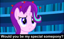 Size: 1600x973 | Tagged: safe, edit, edited screencap, imported from derpibooru, screencap, starlight glimmer, unicorn, uncommon bond, bronybait, caption, cs captions, female, heart, library, mare, special somepony