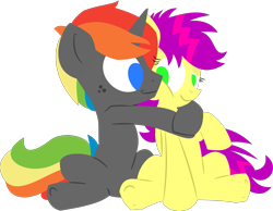 Size: 3543x2750 | Tagged: safe, artist:anonymousnekodos, imported from derpibooru, oc, oc only, oc:krylone, oc:shockwave, pegasus, pony, unicorn, female, high res, hug, lineless, male, mare, rainbow hair, simple background, stallion, transparent background