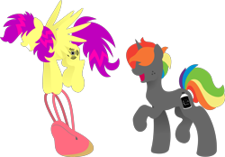 Size: 4375x3048 | Tagged: safe, artist:anonymousnekodos, imported from derpibooru, oc, oc only, oc:krylone, oc:shockwave, pegasus, pony, unicorn, backpack, female, high res, lineless, male, mare, minimalist, modern art, rainbow hair, simple background, stallion, transparent background