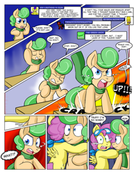 Size: 1280x1656 | Tagged: safe, artist:zanezandell, imported from derpibooru, oc, oc only, oc:sugarbolt, oc:truffle mint, pony, comic:cmcnext, angry, ascot, ask, clothes, cmcnext, colt, comic, crack, crying, goggles, hug, male, poking, scarf, shut up, tumblr