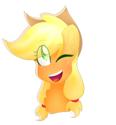 Size: 3200x3432 | Tagged: safe, artist:cosmiickatie, imported from derpibooru, applejack, earth pony, pony, bust, chest fluff, cowboy hat, ear fluff, female, freckles, hat, mare, one eye closed, open mouth, portrait, simple background, smiling, solo, stetson, transparent background, wink