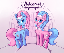 Size: 2420x2000 | Tagged: safe, alternate version, artist:dsp2003, imported from derpibooru, aloe, lotus blossom, earth pony, pony, blushing, chest fluff, cute, duo, ear fluff, female, looking at you, mare, open mouth, spa twins