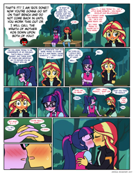 Size: 898x1166 | Tagged: safe, artist:crydius, imported from derpibooru, sci-twi, sunset shimmer, twilight sparkle, comic:love advice, equestria girls, bloodborne, blushing, clothes, comic, female, jacket, kissing, leather jacket, lesbian, scitwishimmer, shipping, sunsetsparkle