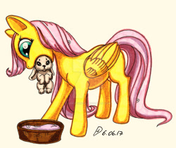Size: 900x758 | Tagged: safe, artist:christiandee, imported from derpibooru, fluttershy, pegasus, pony, rabbit, behaving like a cat, female, folded wings, mouth hold, pet bed, simple background, solo, standing, traditional art, watermark, white background, wings