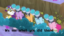 Size: 848x480 | Tagged: safe, imported from derpibooru, screencap, applejack, pinkie pie, rainbow dash, rarity, twilight sparkle, dragon quest, season 2, binoculars, bush, camouflage, flower, hub logo, image macro, meme, oooooh, trench