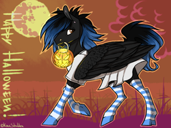 Size: 1200x900 | Tagged: safe, artist:dementra369, imported from derpibooru, oc, oc only, pegasus, pony, clothes, halloween, happy halloween, holiday, mare in the moon, moon, mouth hold, pumpkin bucket, skirt, socks, solo, striped socks