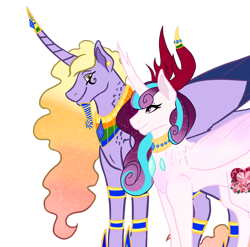 Size: 1024x1012 | Tagged: safe, artist:asgardian-mischief, imported from derpibooru, oc, oc only, oc:abubakar, oc:rose heart, alicorn, changepony, hybrid, pony, egyptian, female, male, oc x oc, offspring, offspring shipping, parent:princess flurry heart, parent:thorax, parents:flurrax, shipping, simple background, straight, transparent background