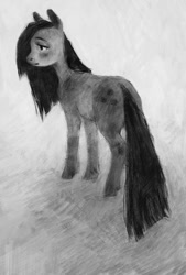 Size: 580x860 | Tagged: safe, artist:exclusionzone, imported from derpibooru, marble pie, earth pony, pony, female, grayscale, lidded eyes, looking away, mare, monochrome, sad, solo, standing