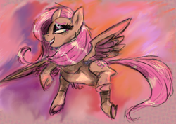 Size: 1620x1149 | Tagged: safe, artist:lavendire, imported from derpibooru, fluttershy, pegasus, pony, female, flying, smug, solo, spread wings, wings