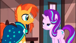 Size: 2208x1242 | Tagged: safe, imported from derpibooru, screencap, starlight glimmer, sunburst, uncommon bond, female, glasses, lidded eyes, male, train station