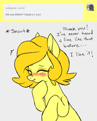 Size: 1047x1316 | Tagged: safe, artist:robiinart, imported from derpibooru, oc, oc only, oc:butterscotch (robiinart), earth pony, pony, ask, blushing, female, mare, solo, tumblr