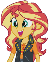 Size: 733x923 | Tagged: safe, artist:fella, imported from derpibooru, sunset shimmer, a fine line, equestria girls, equestria girls series, clothes, cute, female, geode of empathy, happy, leather vest, magical geodes, open mouth, pendant, shimmerbetes, simple background, smiling, solo, transparent background, vest