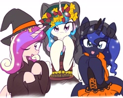 Size: 2048x1638 | Tagged: safe, artist:akainu_pony, imported from derpibooru, princess cadance, princess celestia, princess luna, alicorn, pony, alicorn triarchy, clothes, costume, dress, halloween, hat, holiday, japan ponycon, looking at you, royal sisters, simple background, witch hat