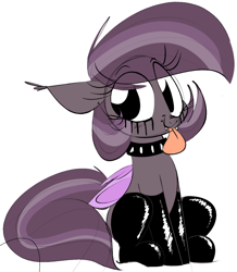 Size: 1000x1146 | Tagged: safe, artist:hattsy, imported from derpibooru, oc, oc only, oc:iris, bat pony, choker, clothes, eyeliner, female, latex, latex socks, makeup, piercing, socks, solo, spiked choker, tongue out