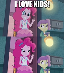 Size: 853x960 | Tagged: safe, edit, edited screencap, imported from derpibooru, screencap, lily pad (equestria girls), pinkie pie, equestria girls, equestria girls series, pinkie sitting, caption, clothes, female, i am an adult, i need an adult, image macro, innuendo, ipad, jacket, lily pad (g4), lilypie, magical geodes, meme, out of context, skirt, smiling, stranger danger, young