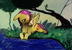 Size: 1632x1152 | Tagged: safe, artist:svartirhestar, imported from derpibooru, fluttershy, pegasus, pony, female, floppy ears, grass, lidded eyes, looking down, peaceful, prone, river, solo, spread wings, tree, unshorn fetlocks, water, wings