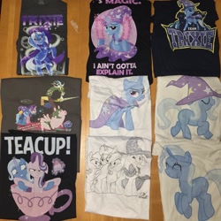 Size: 2448x2448 | Tagged: safe, artist:jay fosgitt, artist:ramivic, imported from derpibooru, discord, starlight glimmer, teacup poodle, trixie, pig, cape, clothes, cup, hat, shirt, t-shirt, teacup, welovefine