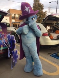 Size: 320x240 | Tagged: safe, artist:atalonthedeer, artist:ramivic, imported from derpibooru, nightmare moon, trixie, human, cutout, diecut, fursuit, irl, irl human, nightmare night, photo, trunk or treat