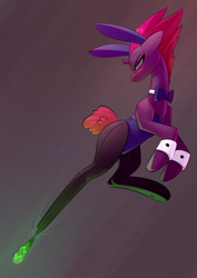 Size: 2480x3507 | Tagged: safe, artist:underpable, imported from derpibooru, tempest shadow, pony, unicorn, my little pony: the movie, blushing, bowtie, broken horn, bunny ears, bunny suit, clothes, cuffs (clothes), female, leotard, obsidian orb, solo