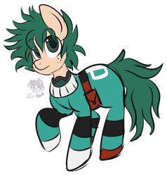 Size: 827x870 | Tagged: safe, artist:cutiepatootiee, imported from derpibooru, pony, crossover, deku's hero costume, izuku midoriya, my hero academia, ponified, quirked pony, solo