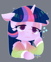 Size: 900x1090 | Tagged: safe, artist:talimingi, imported from derpibooru, twilight sparkle, alicorn, semi-anthro, bathrobe, bust, clothes, female, frown, gray background, groggy, hoof on chin, mare, messy mane, robe, signature, simple background, solo, tired, twilight sparkle (alicorn)