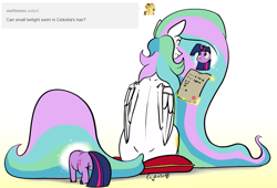 Size: 2349x1593 | Tagged: safe, artist:greyscaleart, imported from derpibooru, princess celestia, twilight sparkle, alicorn, pony, unicorn, the tiny apprentice, ask, cute, duo, exploring, female, filly, filly twilight sparkle, magic, now you're thinking with portals, pillow, portal, sitting, size difference, smol, telekinesis, tumblr, younger