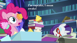 Size: 1280x720 | Tagged: safe, edit, edited screencap, imported from derpibooru, screencap, pinkie pie, rarity, shadow play, book, box, cupcake, exploitable meme, food, glasses, i'm pancake, library, meme, sleeping, twilight's castle