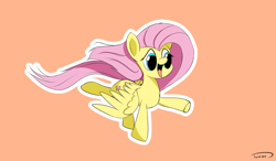 Size: 2382x1394 | Tagged: safe, artist:taurson, imported from derpibooru, fluttershy, pegasus, pony, autumn, dancing, female, happy, looking away, open mouth, raised hoof, raised leg, simple background, smiling, solo, spread wings, windswept hair, windswept mane, wings