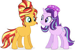 Size: 10347x6886 | Tagged: safe, artist:illumnious, imported from derpibooru, starlight glimmer, sunset shimmer, pony, unicorn, dance magic, mirror magic, spoiler:eqg specials, absurd resolution, alternate hairstyle, beanie, equestria girls outfit, equestria girls ponified, female, hat, mare, ponified, ponified humanized pony, simple background, transparent background, vector