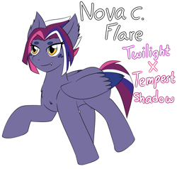 Size: 2914x2769 | Tagged: safe, artist:jolliapplegirl, imported from derpibooru, oc, oc only, oc:nova c. flare, pegasus, pony, my little pony: the movie, female, magical lesbian spawn, next generation, offspring, parent:tempest shadow, parent:twilight sparkle, parents:tempestlight, simple background, solo, white background