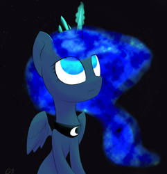 Size: 2310x2400 | Tagged: safe, artist:creepypastapon3, imported from derpibooru, princess luna, alicorn, pony, female, glowing horn, looking up, mare, night, no pupils, signature, sitting, smiling, solo, wings