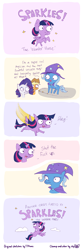 Size: 1180x3575 | Tagged: safe, artist:dsp2003, artist:tjpones, imported from derpibooru, applejack, rarity, trixie, twilight sparkle, alicorn, earth pony, pony, unicorn, sparkles! the wonder horse!, cloud, collaboration, colored, comic, cowboy hat, dialogue, flying, grayscale, hat, monochrome, sparkles, twilight sparkle (alicorn), vulgar