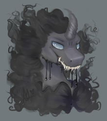 Size: 2200x2500 | Tagged: dead source, safe, artist:thefluffyvixen, imported from derpibooru, pony of shadows, pony, shadow play, curved horn, fangs, looking at you, male, salivating, sharp teeth, simple background, solo, stallion, teeth