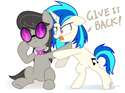 Size: 1800x1340 | Tagged: safe, artist:yaaaco, artist:yaco, imported from derpibooru, dj pon-3, octavia melody, vinyl scratch, earth pony, pony, unicorn, accessory theft, female, grammar error, mare, simple background, sunglasses